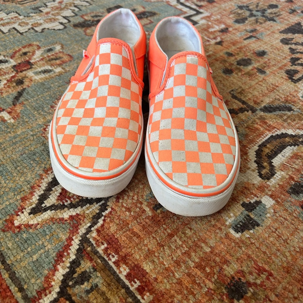 Vans Women’s Orange and White Checkered Slip-On Sneakers - Picture 2 of 4